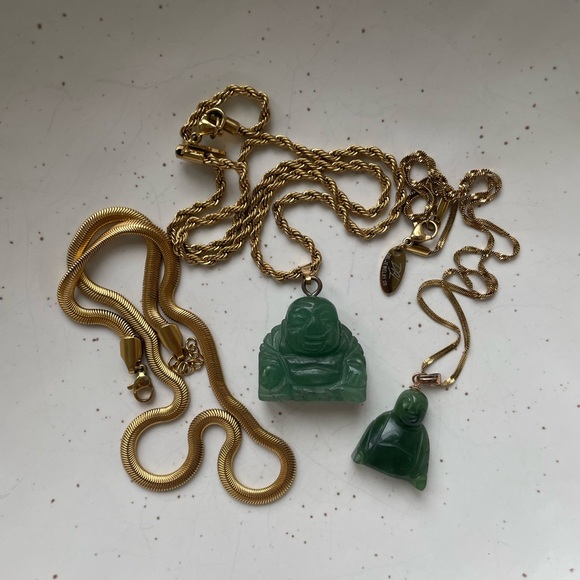 Natural Nephrite Jade lucky Buddha Pendents for couples gold-plated chain - Picture 1 of 14